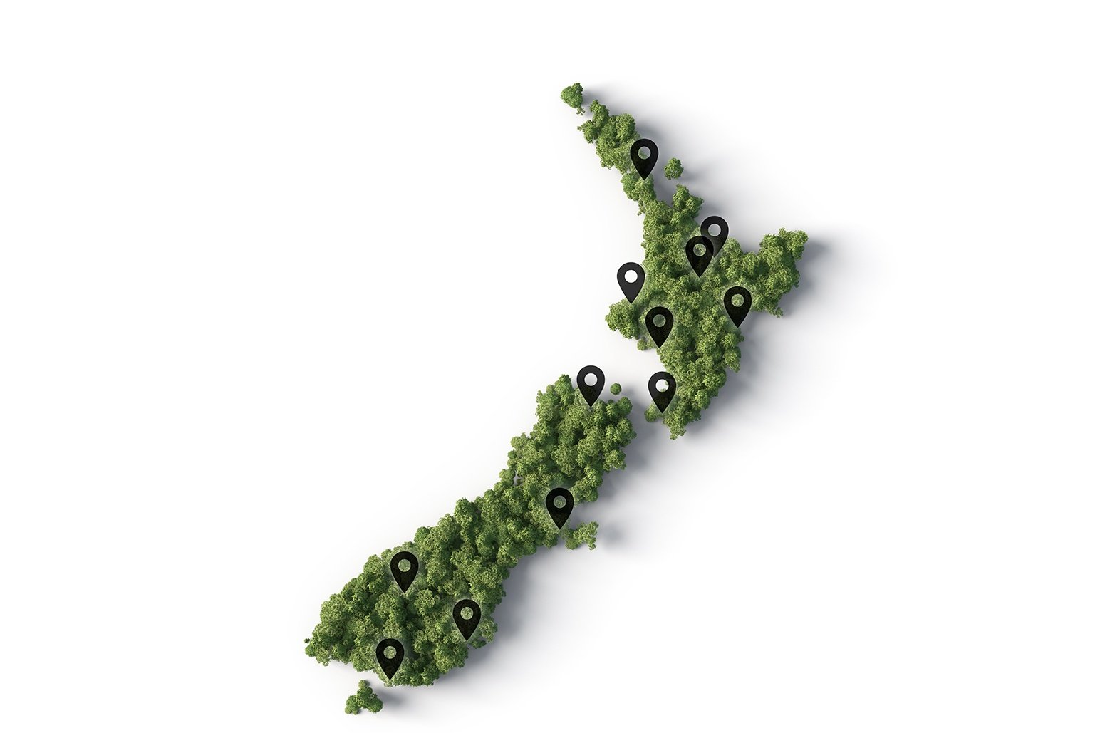 New Zealand map marked with 11 Pegasus Rental Cars locations.