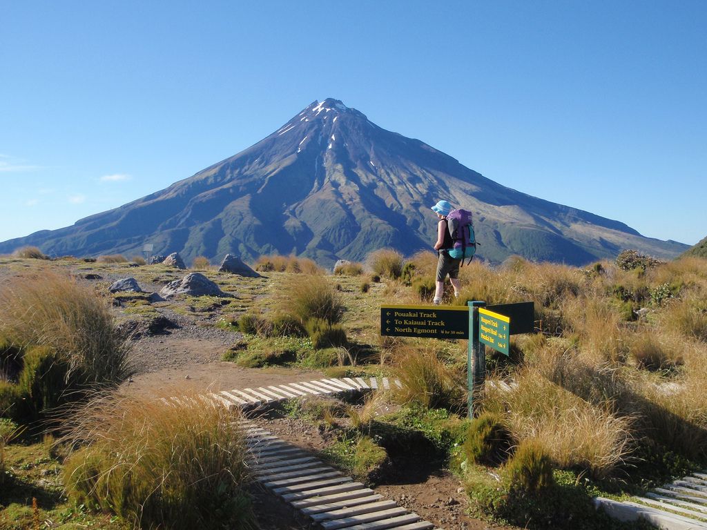 A hiker surveys the scenery looking towards Mt Taranaki
