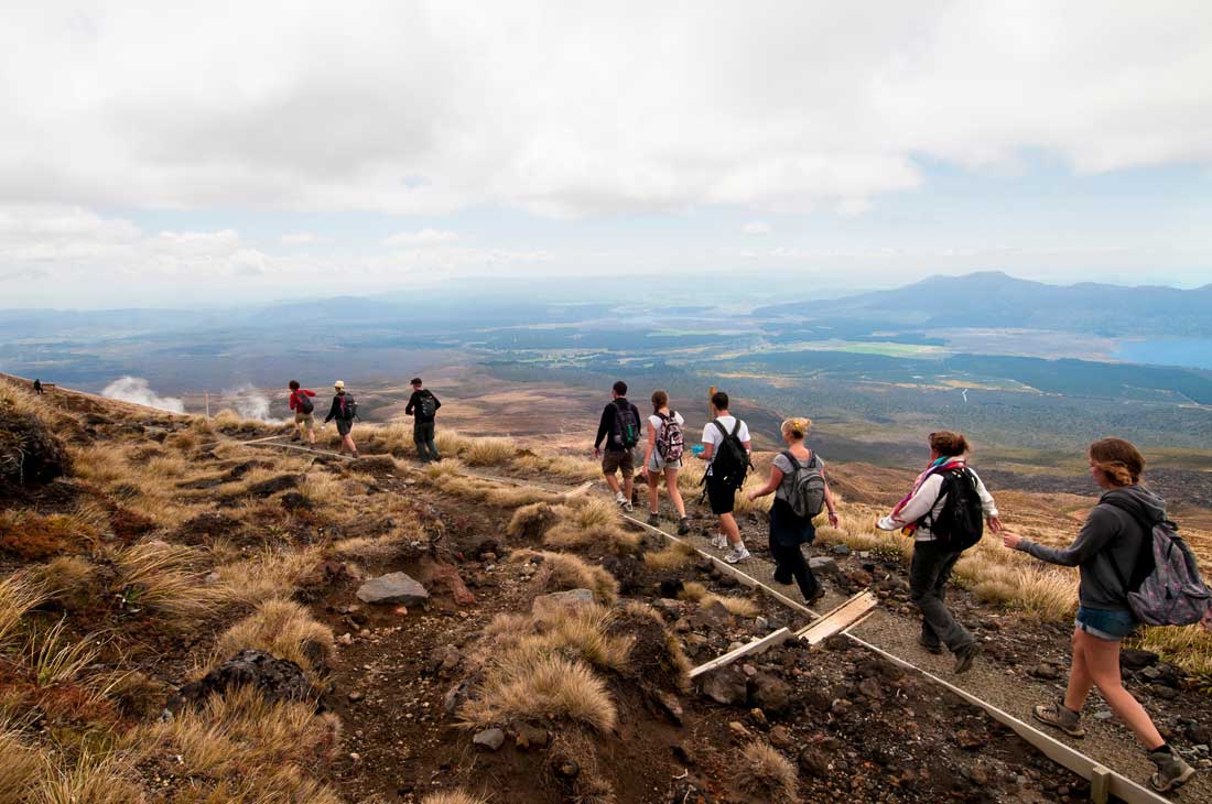 Hikers traversing the Tongariro Alpine Crossing In Ruapehu