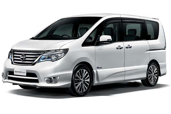 White 8-Seater Nissan Serena.