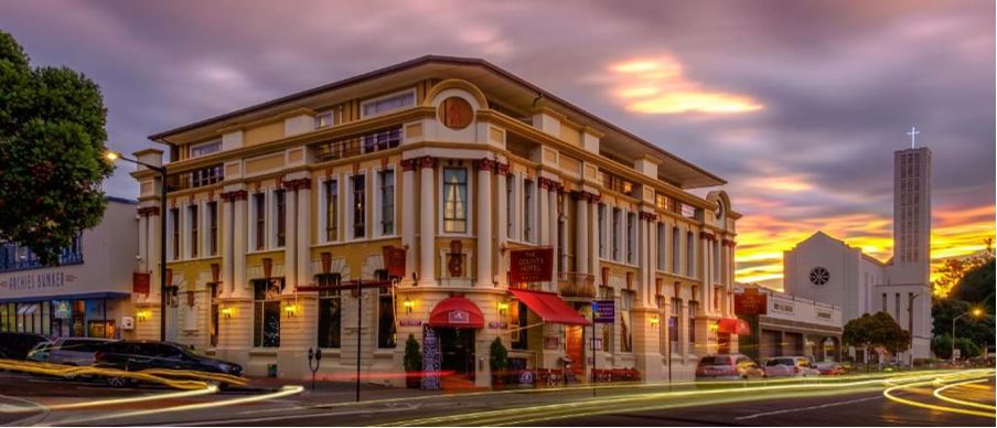 art deco building in sunset