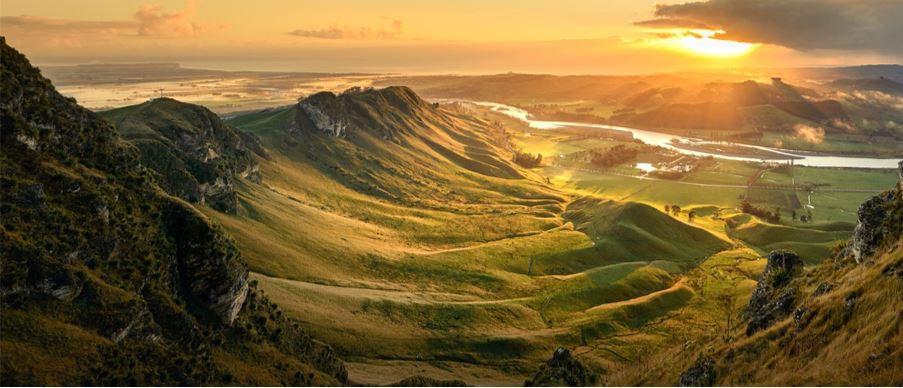birds eye view of mountain valley during sunrise