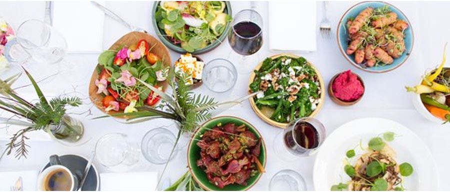  Table with amazing appetizing food and wine.