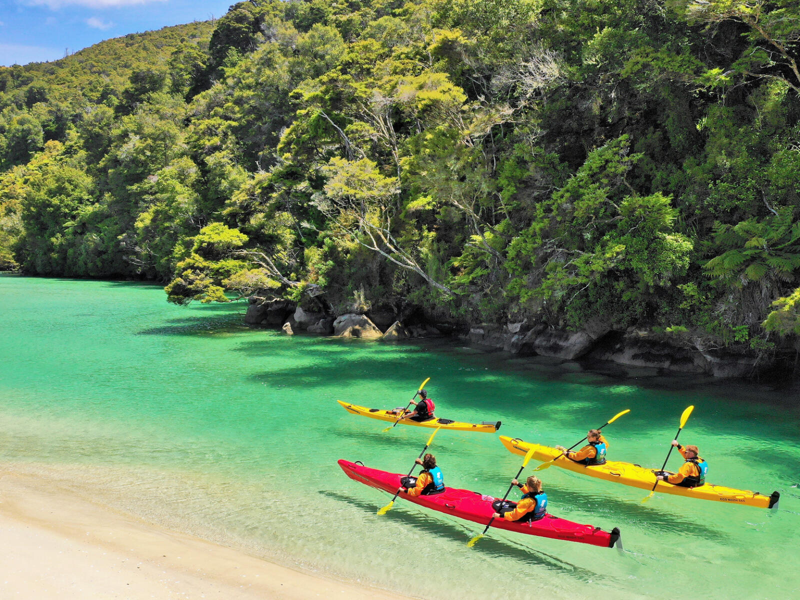 People kayaking on crystal clear waters off a sandy beach.