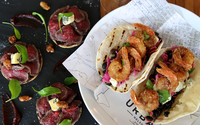 Delicious crispy prawn tacos and beef bites.